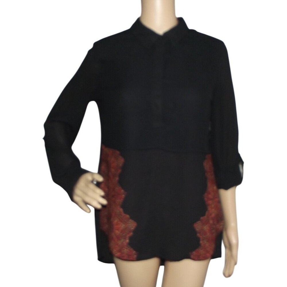 Cato Tunic Blouse Womens Small black burnt orange print semi sheer long sleeve